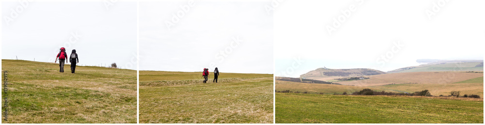 Hiking story triptych. Couple walk in Seven Sisters Cliffs in Sussex, England