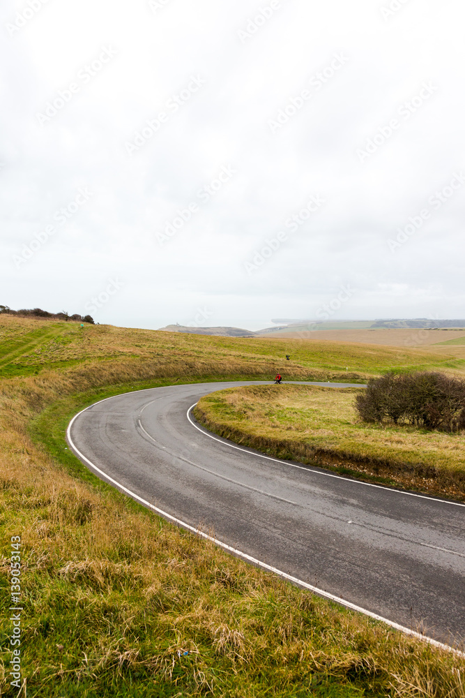 Fototapeta premium Empty streamers wave lack road in green fields with cloudy sky over horizon