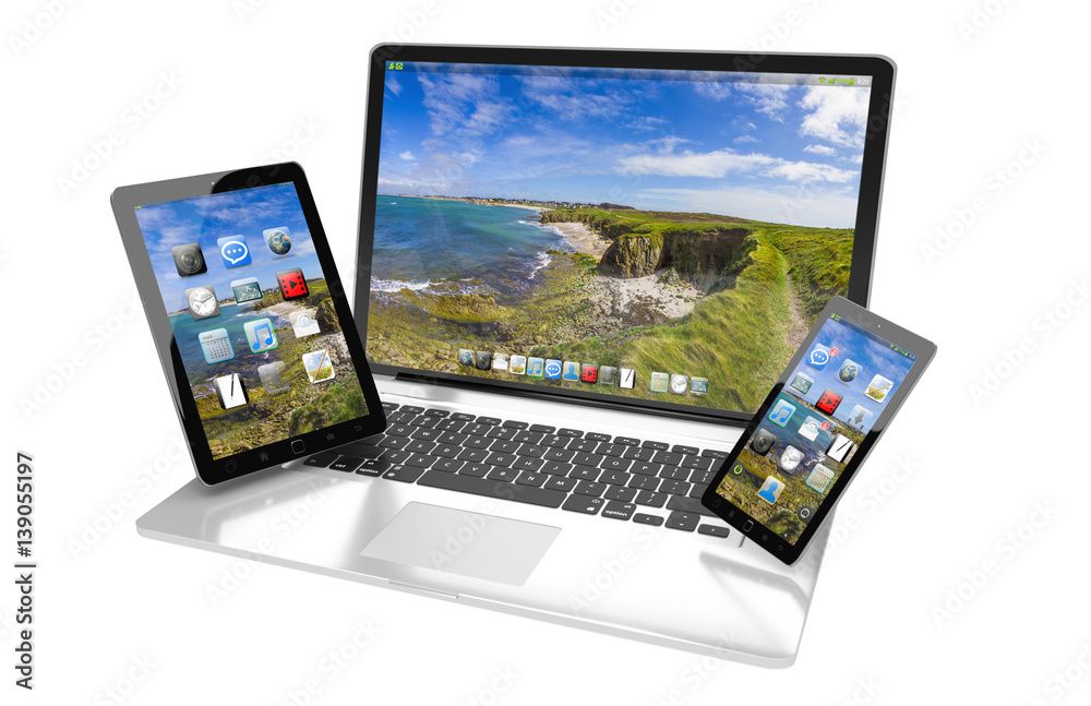 Laptop mobile phone and tablet connected to each other 3D rendering Laptop mobile phone and tablet connected to each other 3D rendering