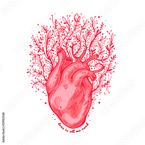 Anatomical heart with flowers. tagline love is all we need. Valentines day card. Vector illustration, elements for design, tattoo