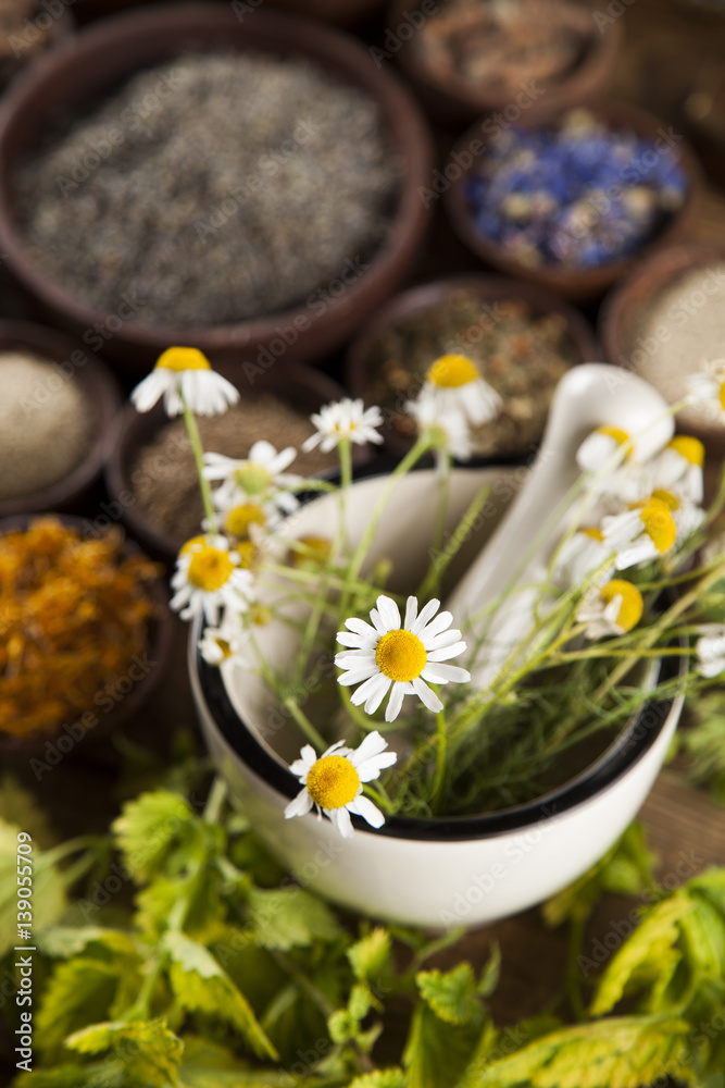 Alternative medicine, dried herbs and mortar on wooden desk background Alternative medicine, dried herbs and mortar on wooden desk background