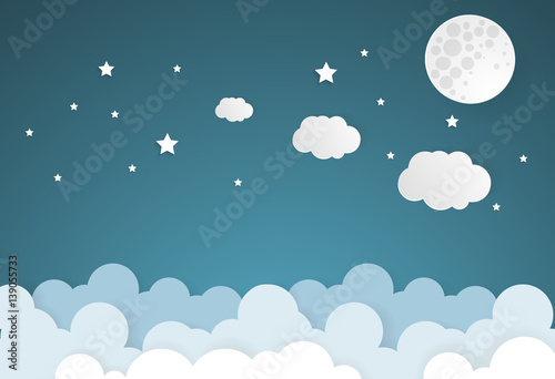 moon and stars with cloud in nighttime .paper art style