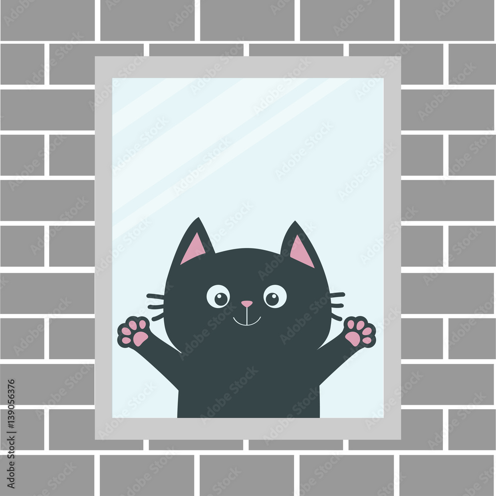 Black cat in the window. House brick wall. Open hand paw print. Kitty  reaching for a hug. Funny Kawaii animal. Baby card. Cute cartoon character.  Pet collection. Flat White background. Isolated. Stock