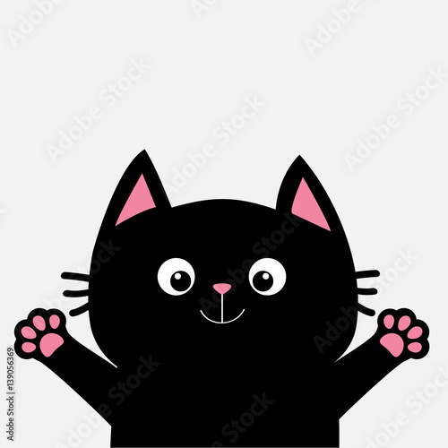 Black cat ready for a hugging. Open hand pink paw print. Kitty reaching for a hug. Funny Kawaii animal. Baby card. Cute cartoon character. Pet collection. Flat design White background. Isolated.