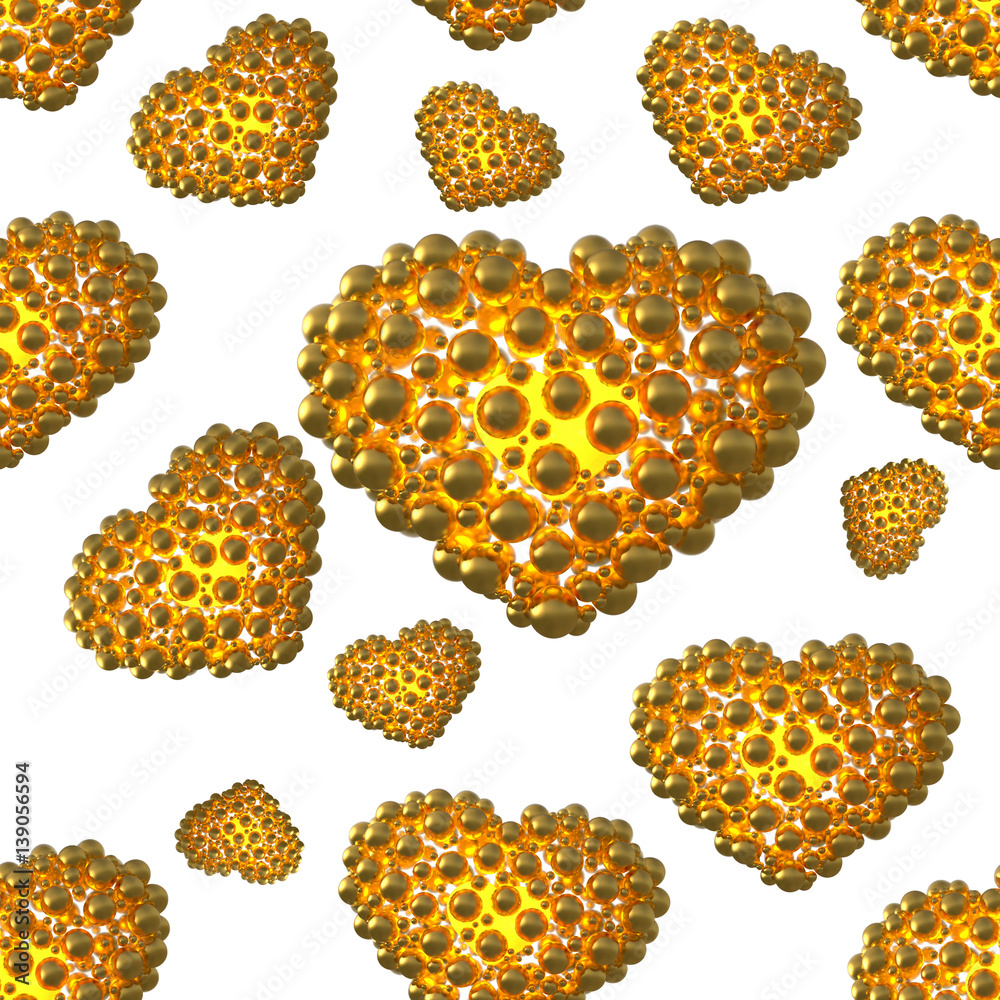 glossy gold hearts made of spheres with reflections isolated on bright background. Happy womans day 3d illustration seamless design pattern glossy gold hearts made of spheres with reflections isolated on bright background. Happy womans day 3d illustration seamless design pattern