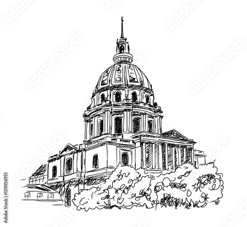 Sketch of The cathedral of Saint Louis, Paris. Les Invalides.