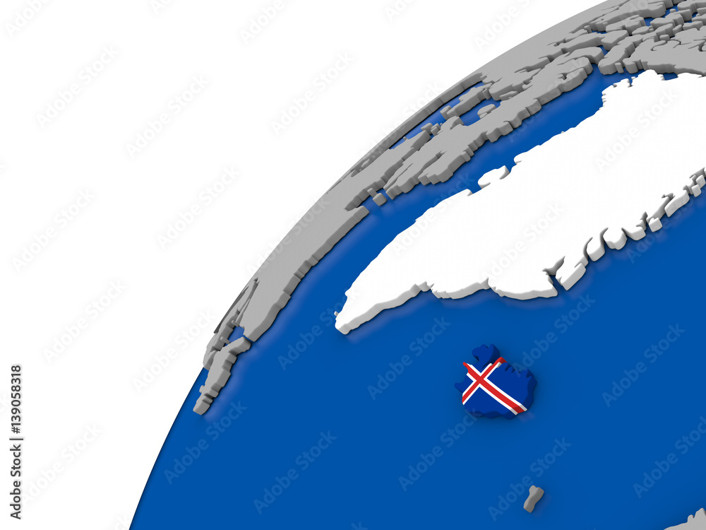 Iceland with flag on political globe Iceland with flag on political globe