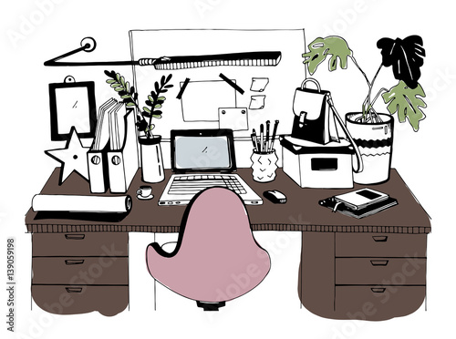 Creative modern workplace with laptop, hand drawn vector illustration, sketch...
