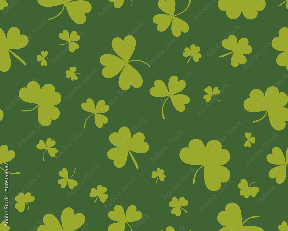 St Patrick's Day background with three leaves clover. Different shades of green color. The Symbol Of Ireland. The Irish pattern. Vector seamless backdrop