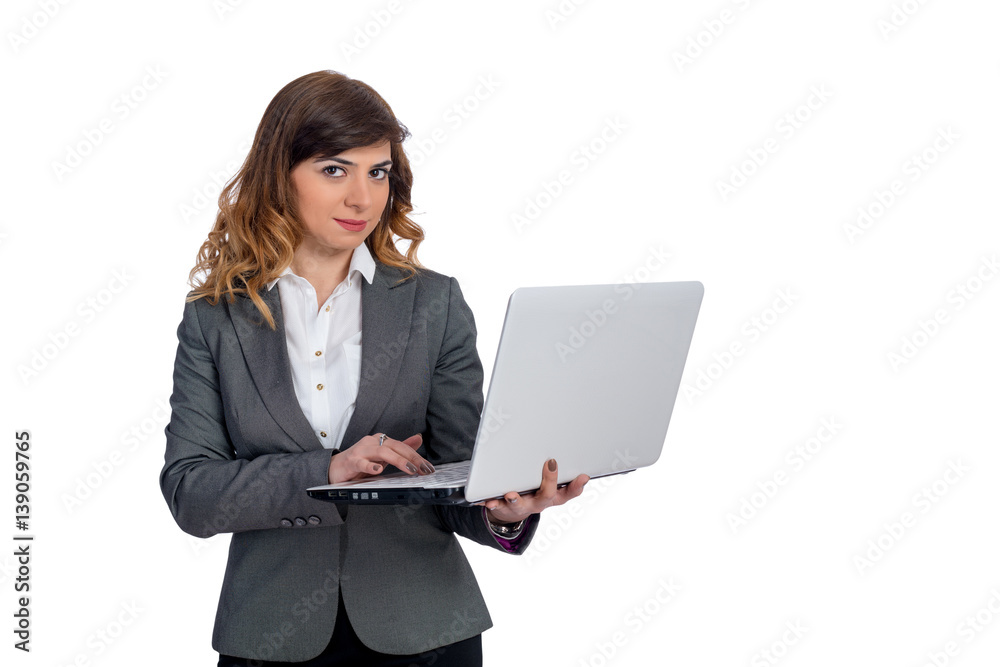 Young businesswoman with laptop, isolated on white