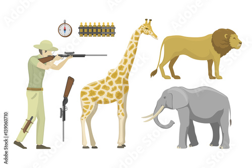 Cartoon illustration of hunter aiming rifle vector character.