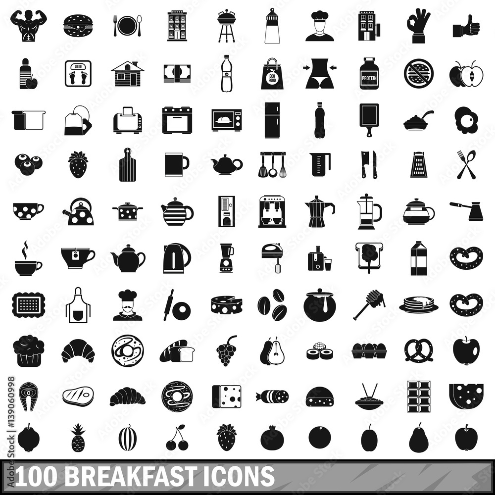 100 breakfast icons set in simple style 100 breakfast icons set in simple style