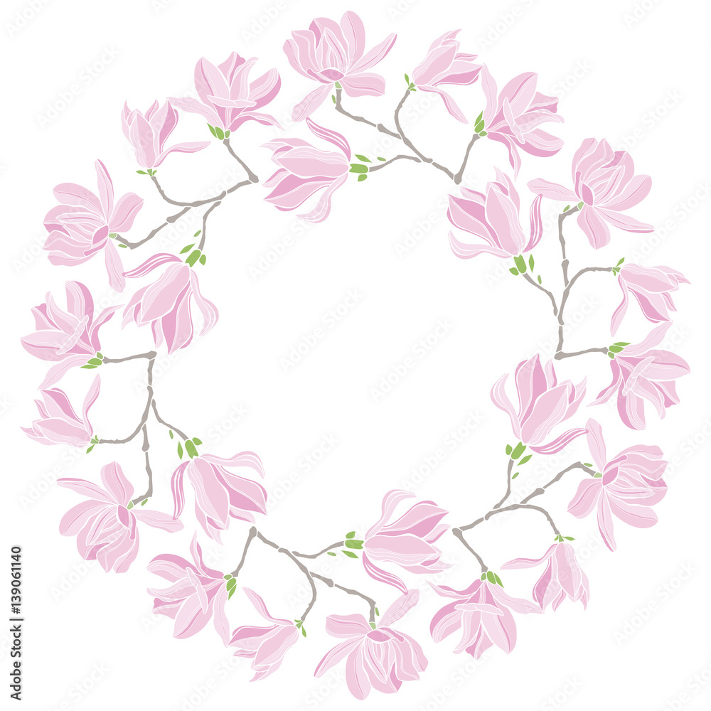 Flower round frame with magnolias. Spring wreath. Vector illustration with space for text.