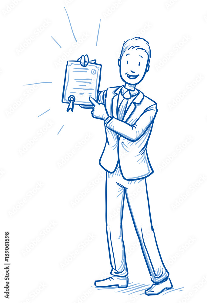 Happy young man in business suit showing his certificate, diploma, award. Hand drawn line art cartoon vector illustration. Happy young man in business suit showing his certificate, diploma, award. Hand drawn line art cartoon vector illustration.