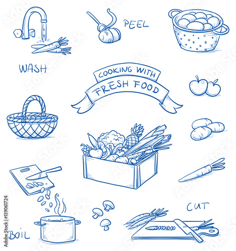 Set of different icons for cooking fresh food. With washing, peeling, cutting, and boiling of vegetables. Hand drawn cartoon vector illustration.