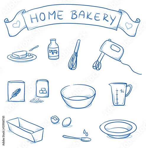 Set of different icons for home bakery. With butter, milk, mixer, flour, egg, sugar, bowl. Hand drawn cartoon vector illustration.