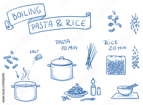 Set of different icons for boiling noodles and preparing rice. With cooking pot, rice, pasta, and finished meals Hand drawn cartoon vector illustration.