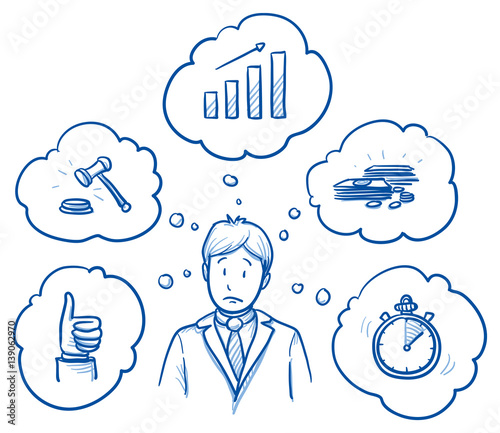 Worried business man, with icons of requirement and goals around him: growth, legal, profitable, fast, satisfying. Concept for good work or employee. Hand drawn line art cartoon vector illustration.