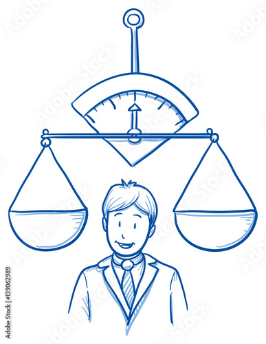 Happy business man, with even scales. Concept for balance, optimum. Hand drawn line art cartoon vector illustration.