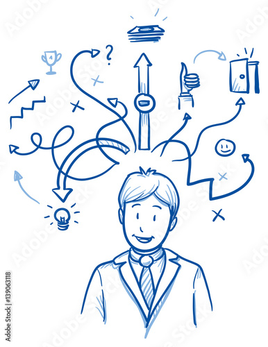 Happy business man, with arrows and strategy icons, concept for planning, strategy, idea. Hand drawn line art cartoon vector illustration.