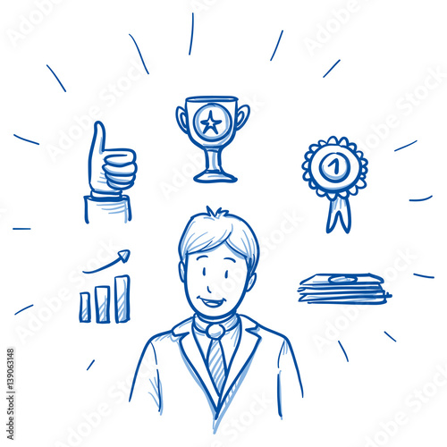Happy business man, with success and winners icons, concept for leader, best employee. Hand drawn line art cartoon vector illustration. 