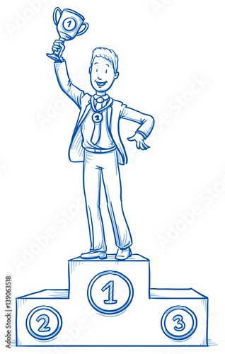 Happy business man, on winner's podium with medal and trophy, concept of leader, first, best of. Hand drawn line art cartoon vector illustration