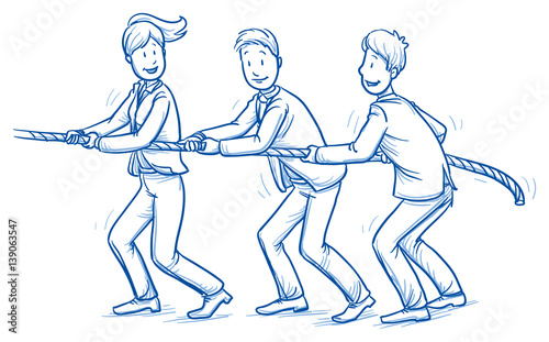 Happy business team, men and women,pulling a rope together, concept of good teamwork. Hand drawn line art cartoon vector illustration. 
 photo