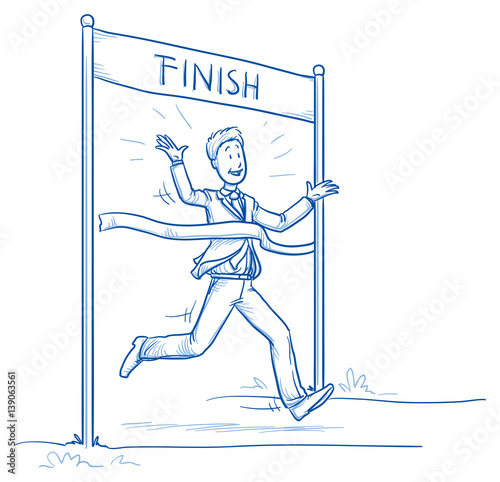 Happy business man, running, reaching the finish, concept of leader, first, best of. Hand drawn line art cartoon vector illustration.
