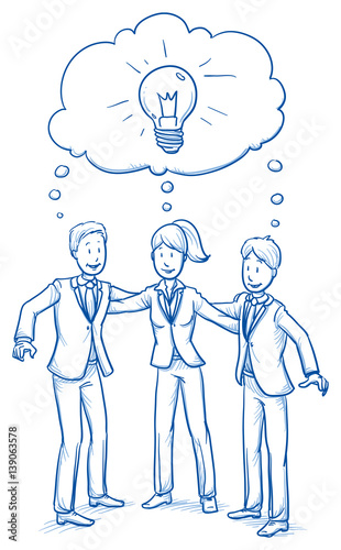 Happy business team, men and women, sharing their ideas, concept of good teamwork. Hand drawn line art cartoon vector illustration.