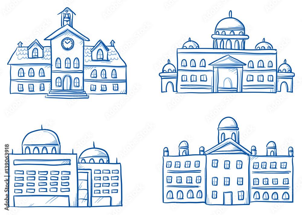Set of different official buildings, school, central station, city hall, court, seat of government. Hand drawn cartoon vector illustration.