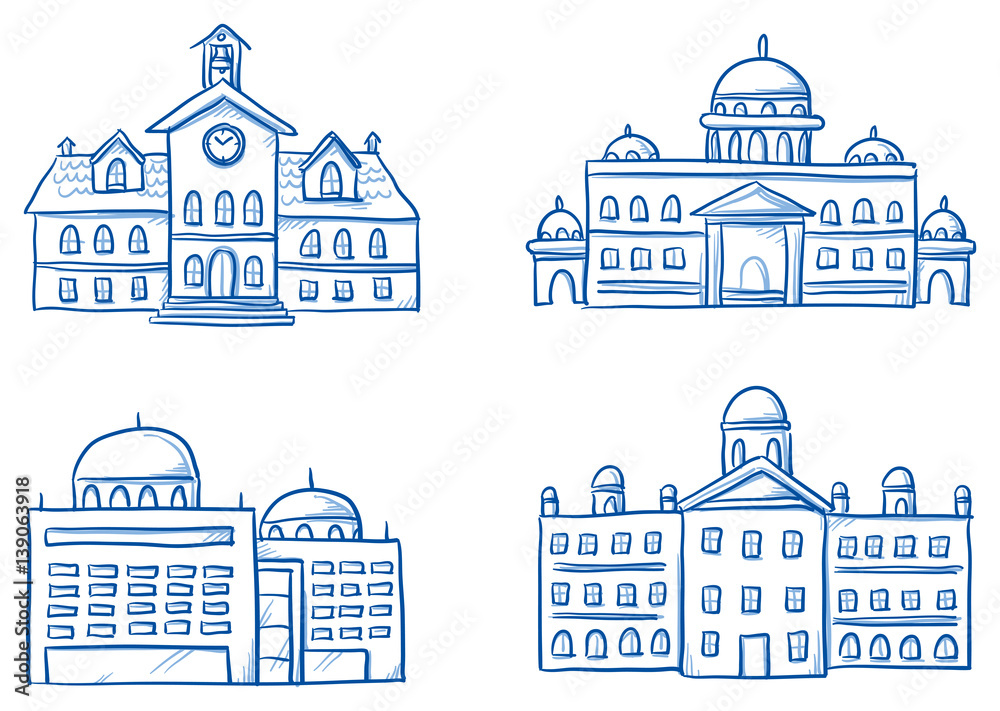 Φωτογραφία Set of different official buildings, school, central station, city hall, court, seat of government