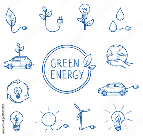 Icon set green energy, ecology, sustainability, with various objects, car, current, power plant, lightbulb, plant, leaf, water, globe. Hand drawn line art cartoon vector illustration.