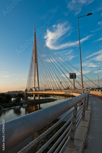Cable bridge over Sava river at sunset in Belgrade, Serbia © banepetkovic