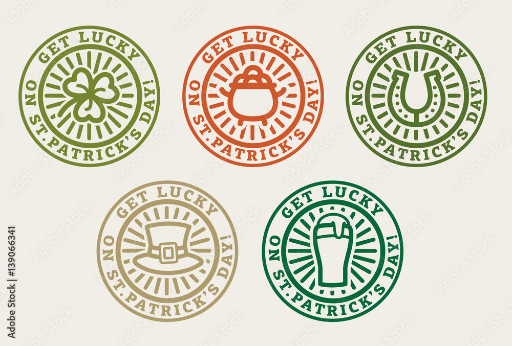 Set of vector stamps for St. Patrick's Day. Irish symbols for design badges, stamps, patches. Clover, pot, hat, horseshoe, glass of beer Set of vector stamps for St. Patrick's Day. Irish symbols for design badges, stamps, patches. Clover, pot, hat, horseshoe, glass of beer