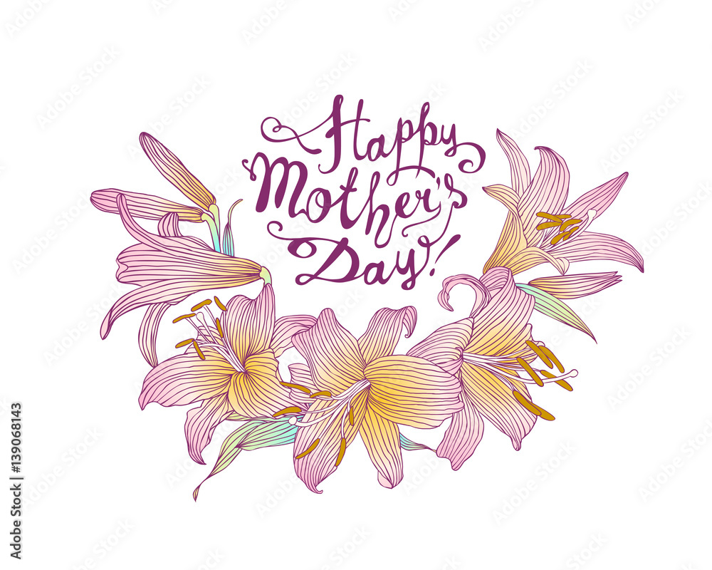 Happy Mother's Day! Vector card with lily flowers