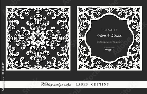 Laser cutting frame and damask panel set. Square filigree cutout envelope design. Front and back.