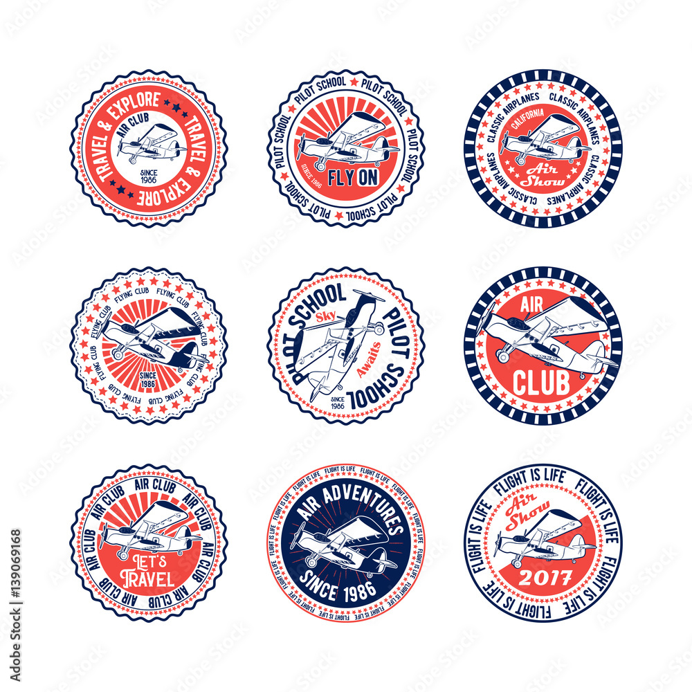 Vector badges set the classical propeller aircraft pilot school air club air show for print and web on a white background