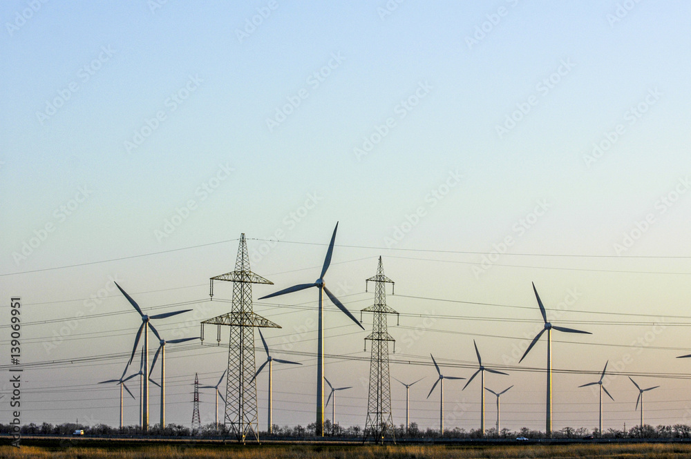 Wind energy plant near Parndorf, wind turbine, high tension cabl