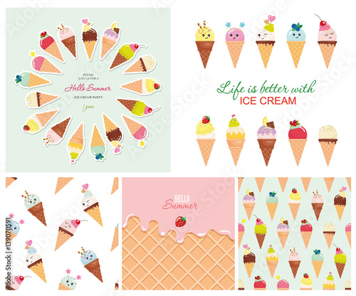Ice cream big set. Seamless patterns, templates, stickers. Hello summer design.