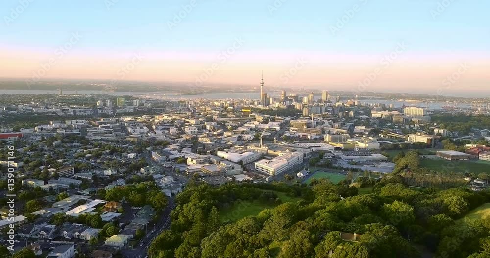 Aerial of Auckland downtown skyline during sunset Aerial of Auckland downtown skyline during sunset