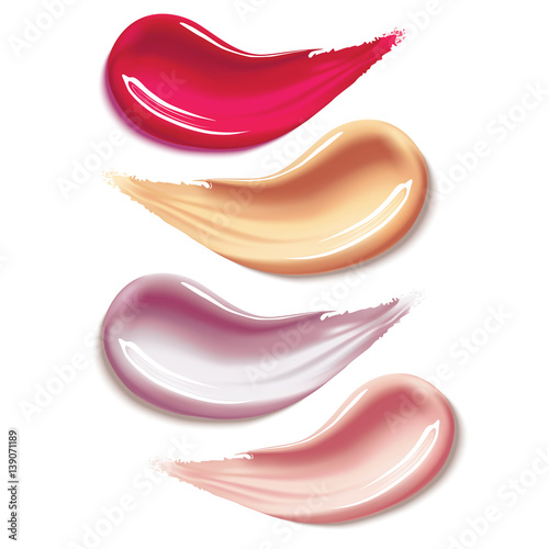 Different lipstick smears on white background. Beauty and cosmetics minimalist concept. elements for flyer, banner, leaflet. Template Vector.