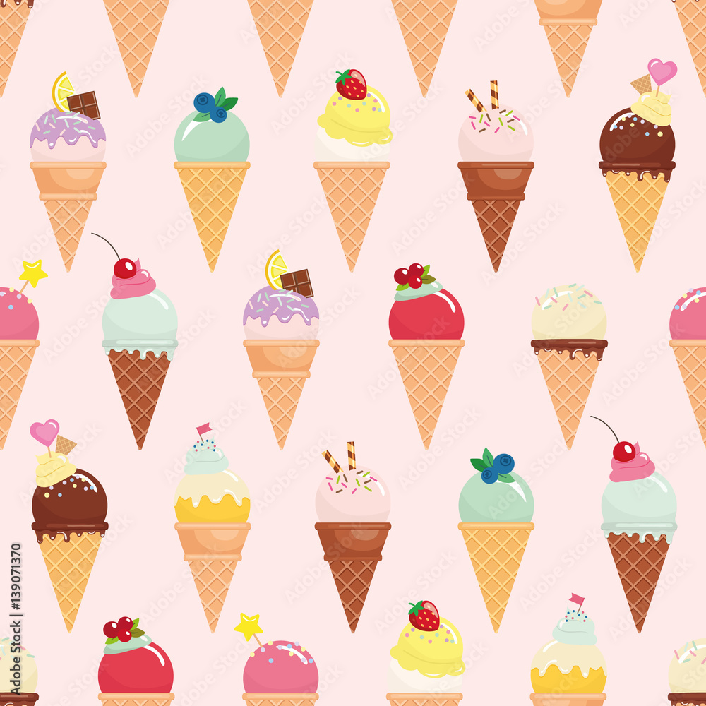 Ice cream cone seamless pattern background. Realistic. Bright and pastel colors. For print and web. Ice cream cone seamless pattern background. Realistic. Bright and pastel colors. For print and web.