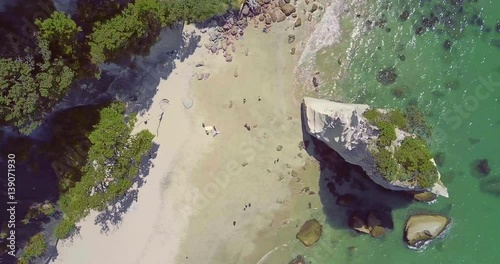 Aerial of Te Whanganui-A-Hei (Cathedral Cove) Marine Reserve in Coromandel Peninsula North Island, New Zealand.