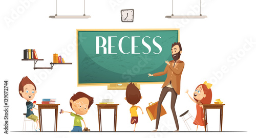 Primary School Recess Break Cartoon Illustration 