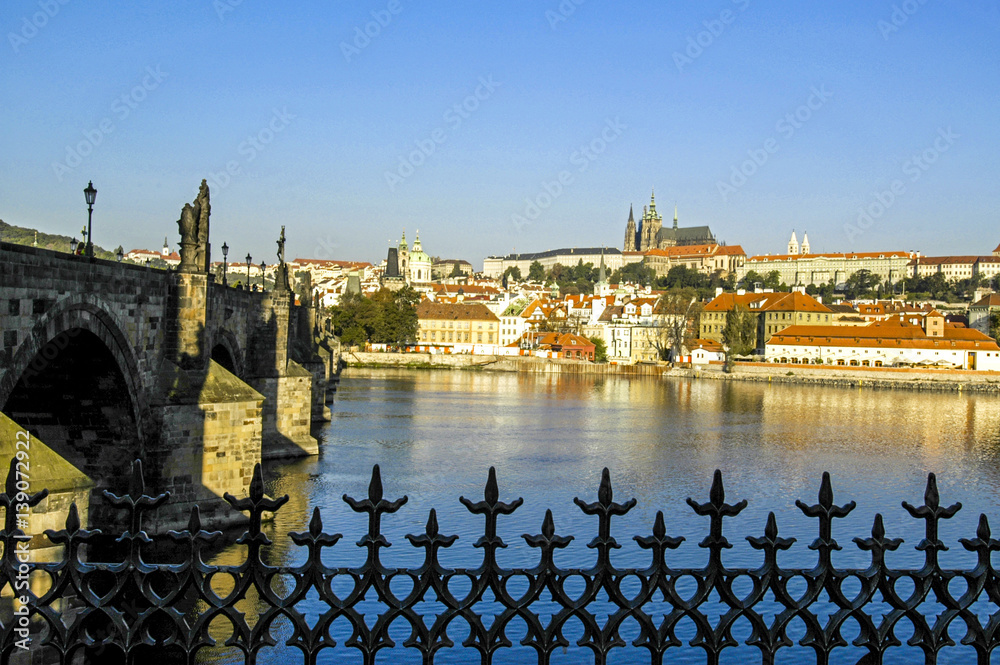 Obraz premium Prague, city view, hill Hradschin, river Moldova, Carls bridge,