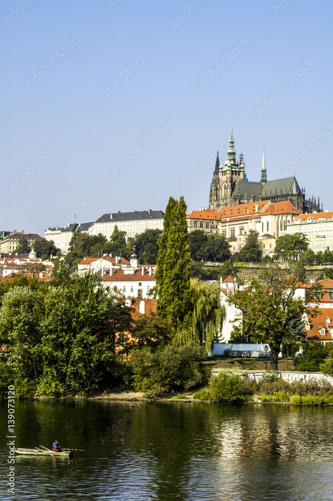 Prague, hill Hradschin with Veits Cathedral, river Moldova, Czec