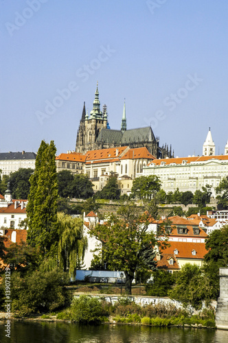 Prague, hill Hradschin with Veits Cathedral, river Moldova, Czec
