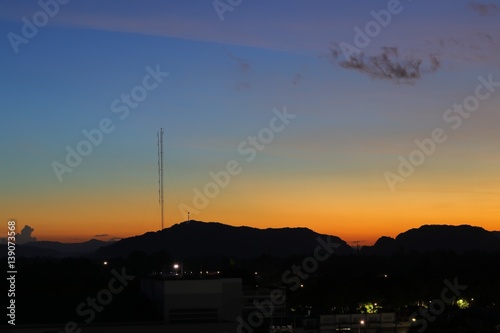 sky sunset with building city silhouette in twilight time beautiful evening landscape nature