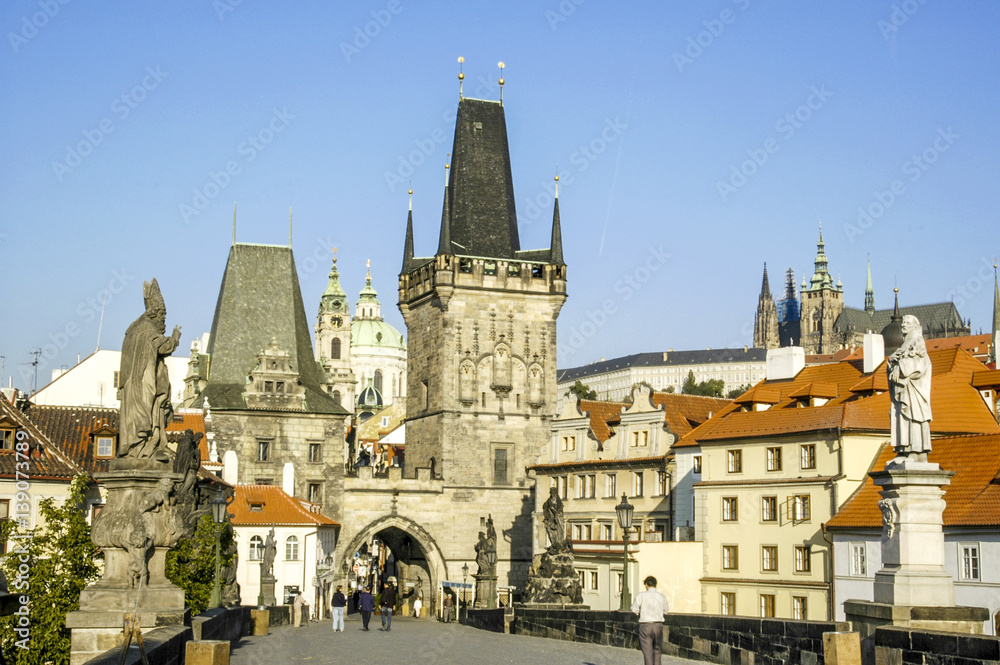 Prague, end of Carls Bridge, entrance to hill Hradschin, Czech R