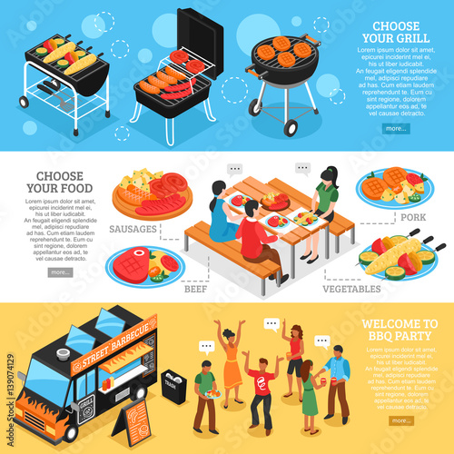 Barbecue 3d Isometric Banners Set